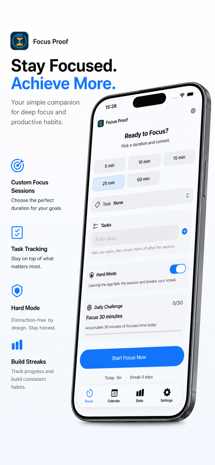 Focus Streak Timer App Store screenshot showing custom focus sessions, task tracking, Hard Mode, daily challenge, and start focus button
