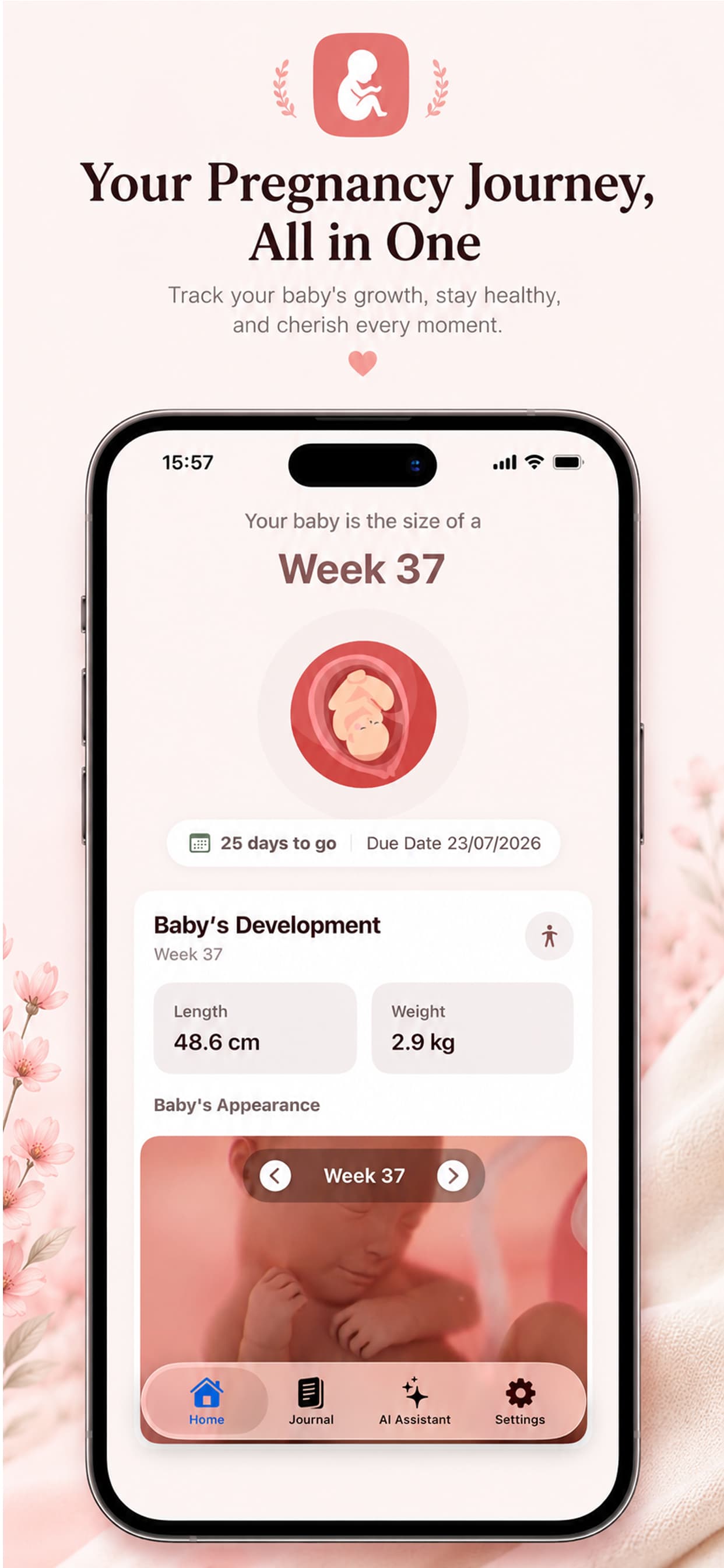 Avelisse Pregnancy Tracker App Store screenshot showing week 37 baby development, due date countdown, and 3D baby growth