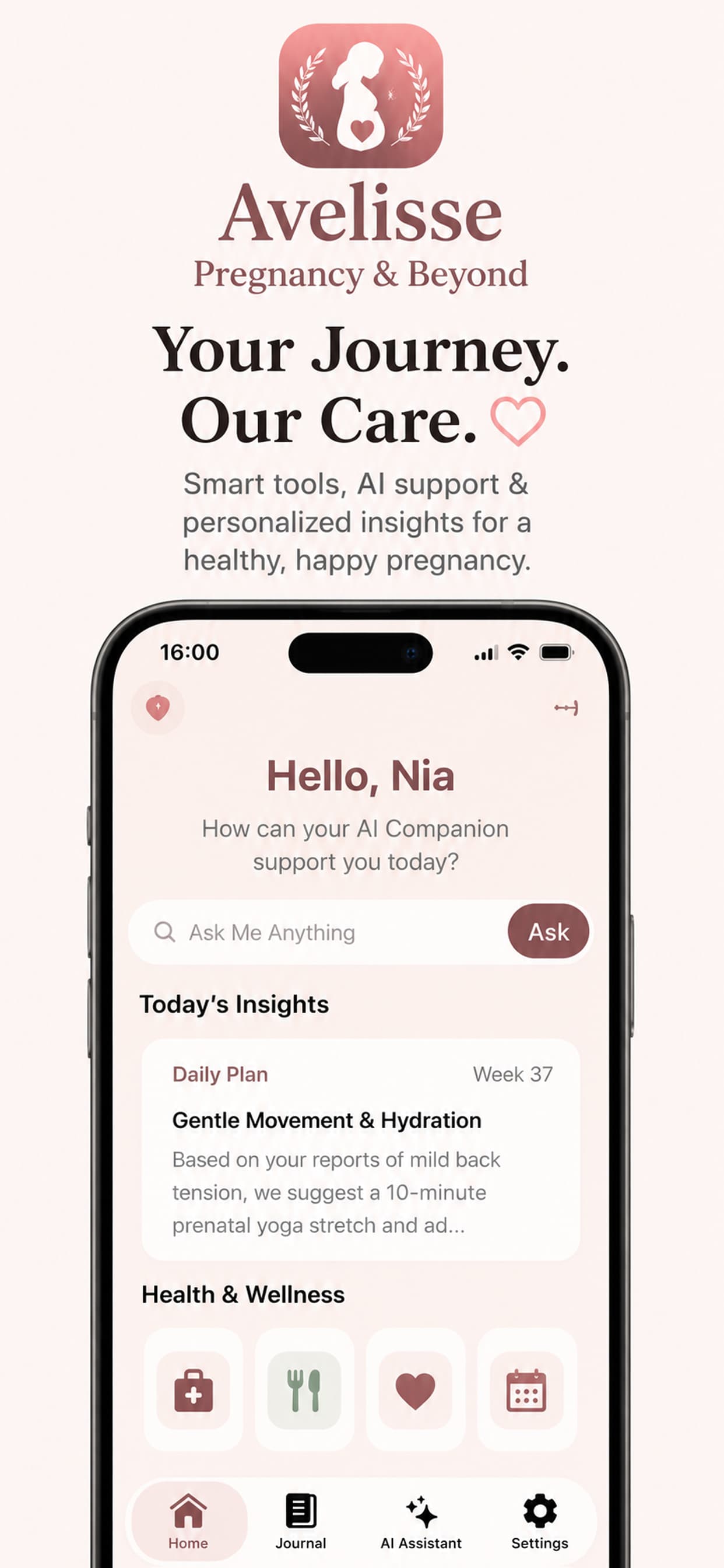 Avelisse Pregnancy Tracker App Store screenshot showing AI pregnancy assistant, personalized insights, and health wellness tools