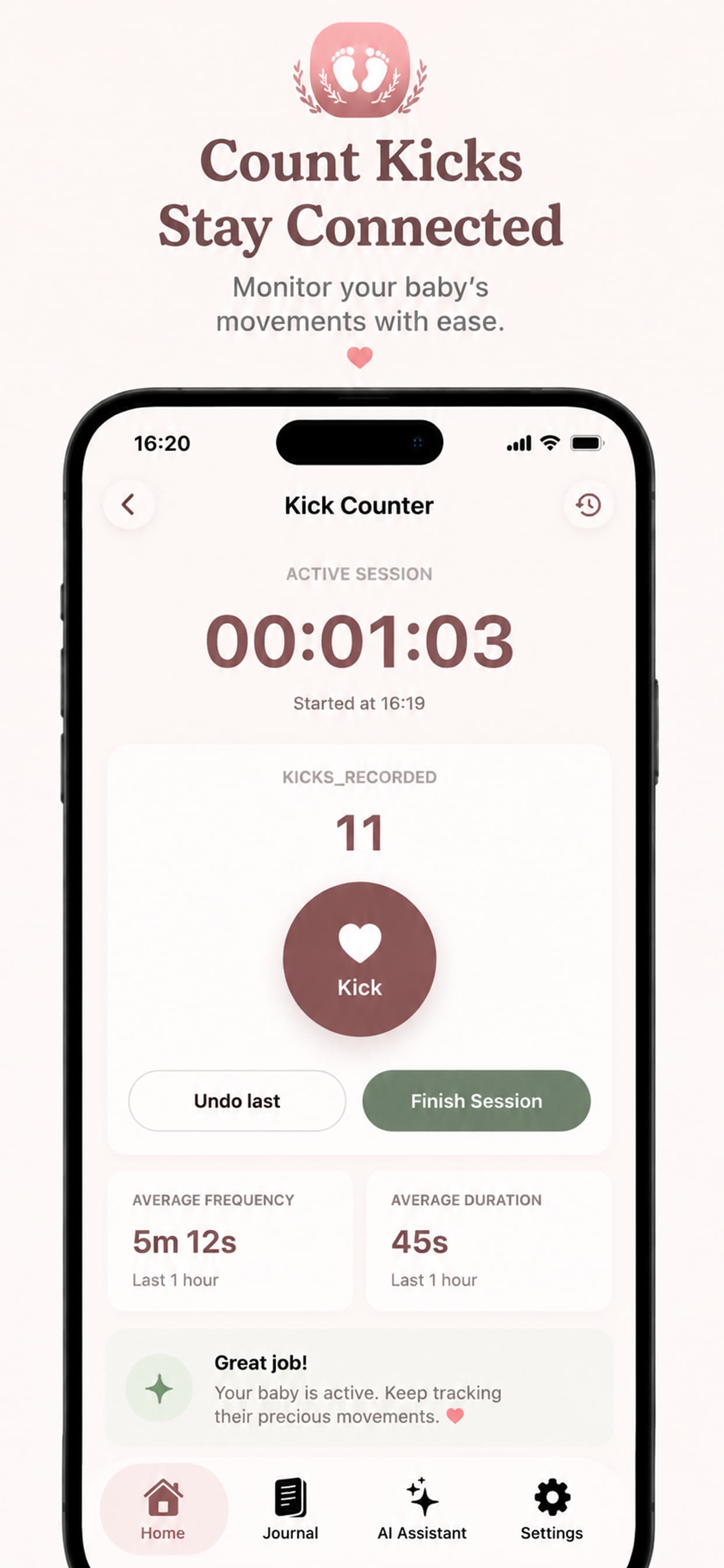 Avelisse Pregnancy Tracker App Store screenshot showing kick counter, baby movement timer, kicks recorded, and session summary