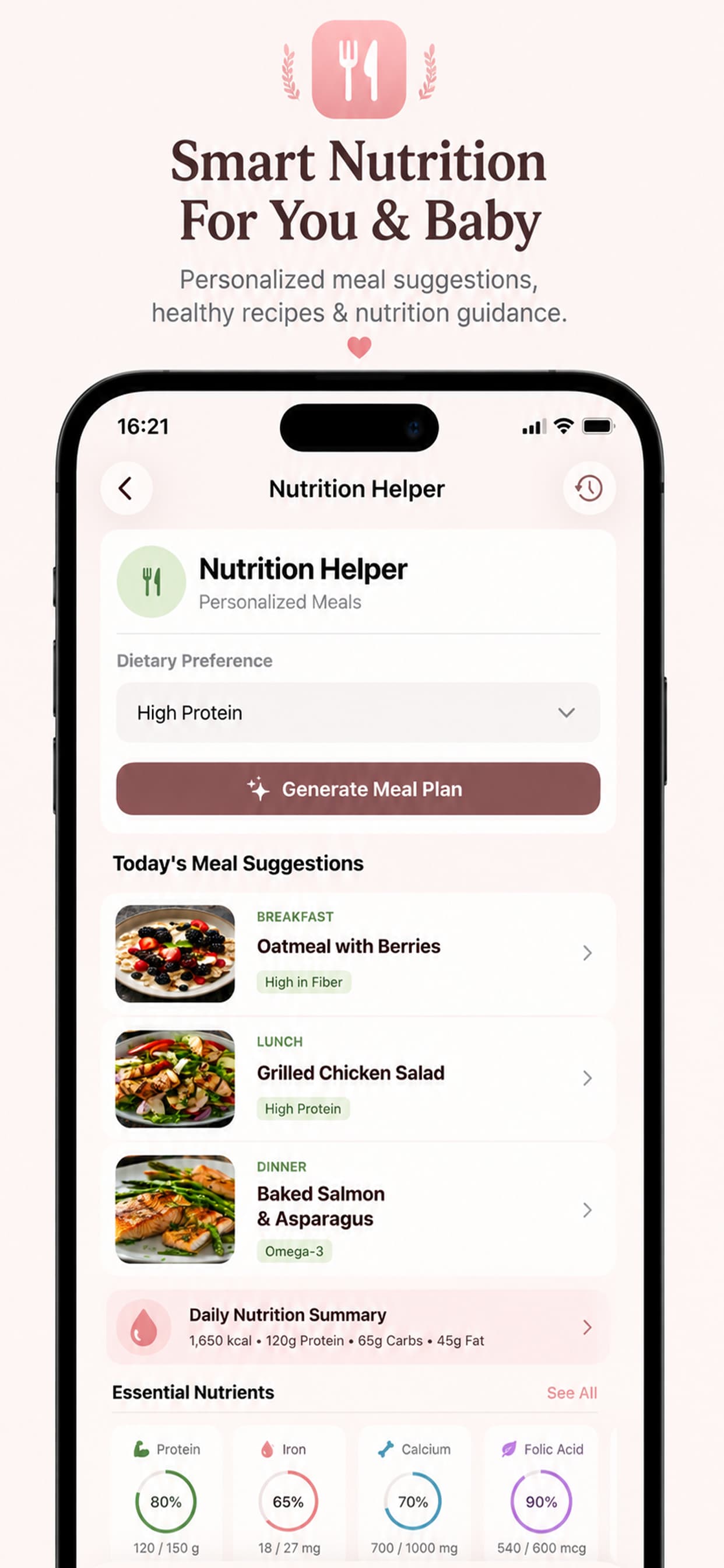 Avelisse Pregnancy Tracker screenshot showing nutrition helper and meal suggestions