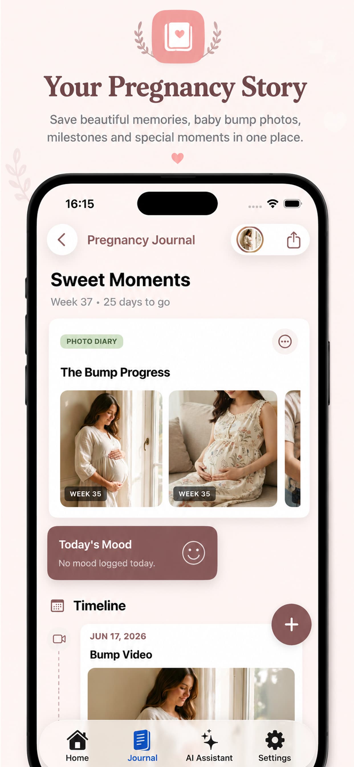 Avelisse Pregnancy Tracker App Store screenshot showing pregnancy journal, bump progress photos, mood card, and memory timeline