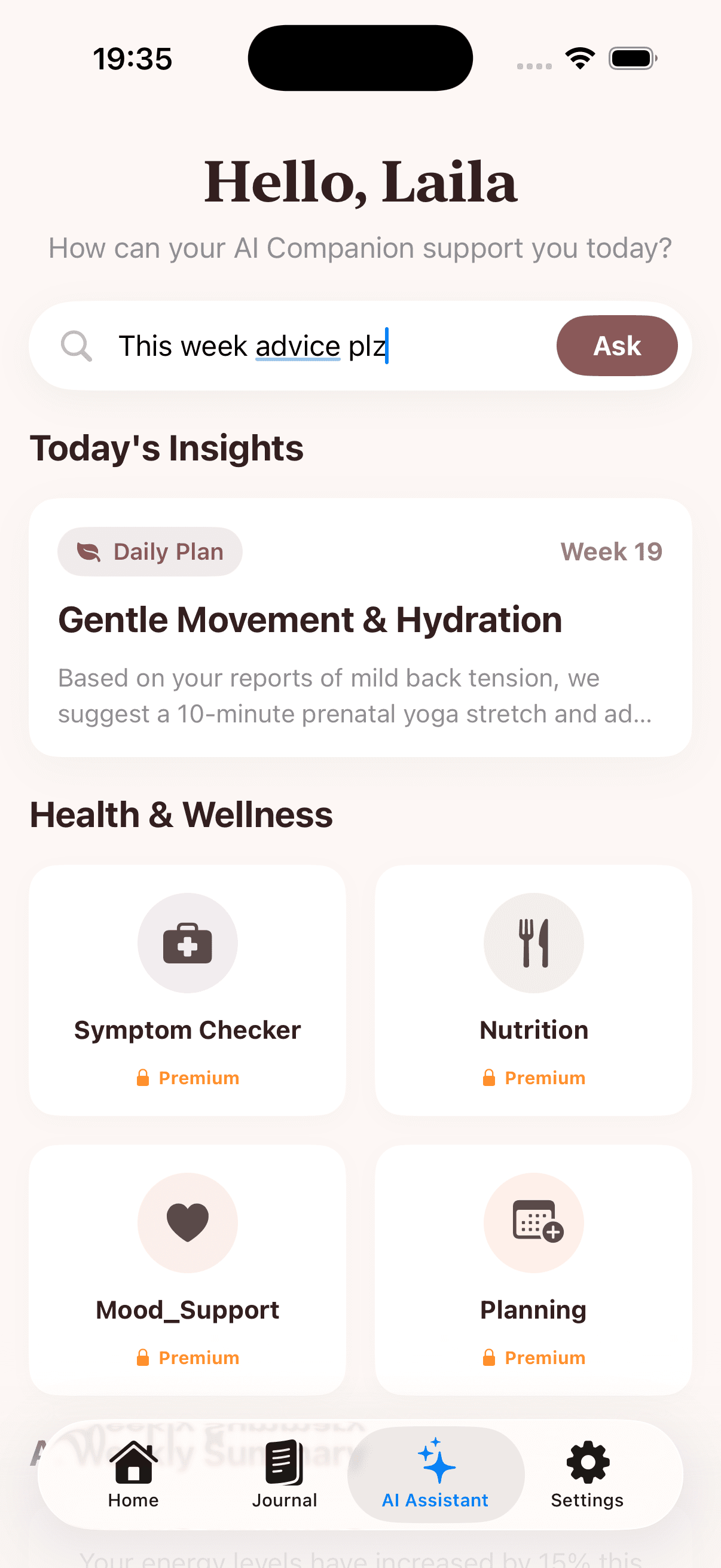 AI assistant screen with pregnancy insights and health and wellness cards