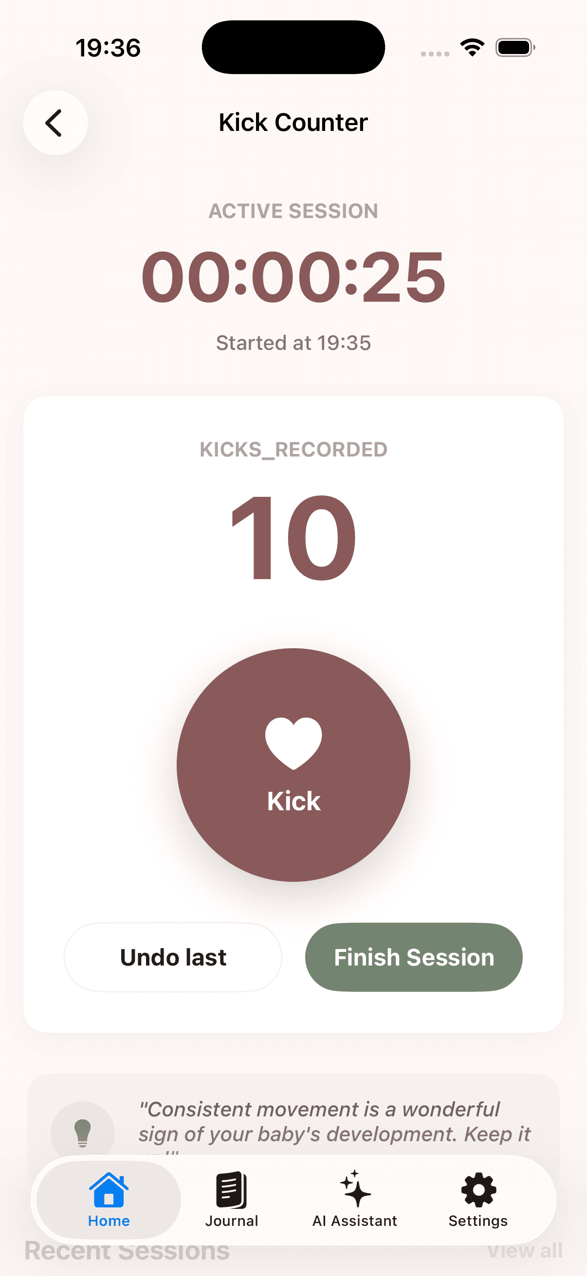 Kick counter screen showing active session, recorded kicks, and finish session button