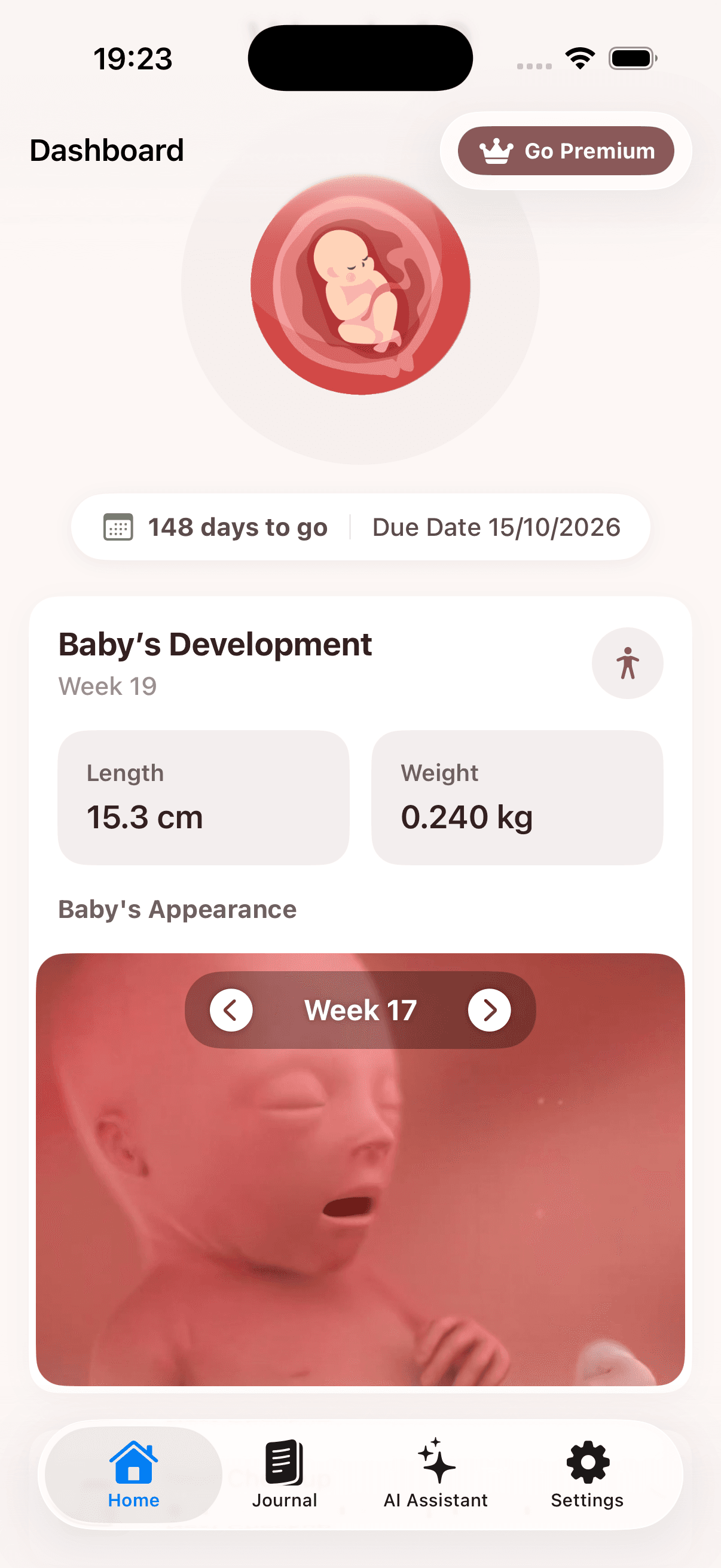 Pregnancy app dashboard showing baby development, due date, and growth measurements
